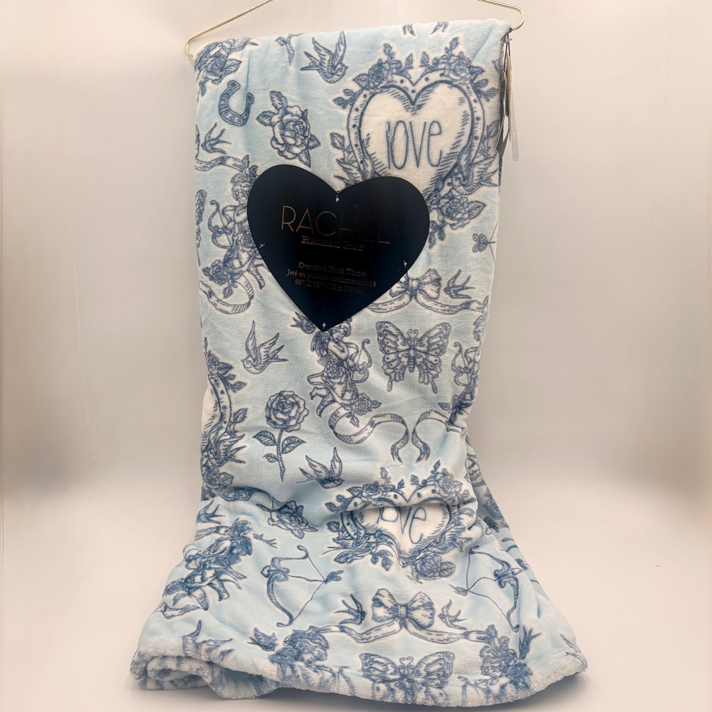 Rachel Roy Oversized Plush Throw‎ Blanket Light Blue Love Heart Cupid Valentine